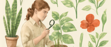 Пейзаж с величественными горами на заднем плане, зелёной долиной и рекой, текущей через центр изображения, на переднем плане цветущие луга и деревья под голубым небом с облаками.