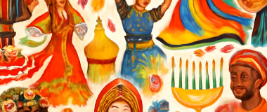 Пейзаж с горами на фоне заката, зелёные деревья на переднем плане, спокойное озеро отражает небо и горы.